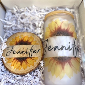 Beautiful Sunflower Design w/ Name Personalized 16oz Beer Can Glass w/ Bamboo Lid & Straw or 20oz Glass Tumbler Aesthetic Cup Libbey Glass