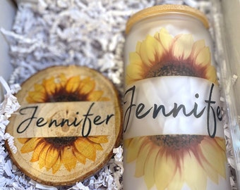 Personalized Sunflower Beer Can Glass with Bamboo Lid & Straw