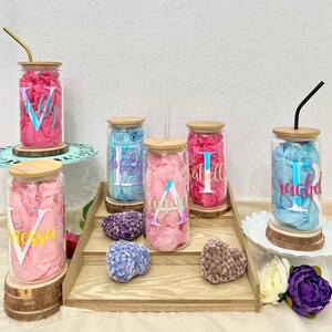 Color Monogram Beer Can Glass| Initial Name Holographic Beer Can| Bridesmaids Gift Personalized|16oz Glass w/ Bamboo Lid & Reusable Straw