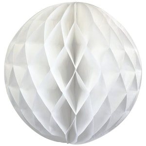 May include: A white, spherical paper honeycomb decoration. The ball is made of folded paper, creating a geometric pattern of diamond shapes. This decorative item is suitable for parties and events.