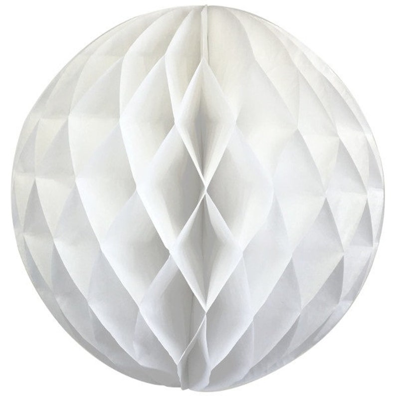 May include: A white, spherical paper honeycomb decoration. The ball is made of folded paper, creating a geometric pattern of diamond shapes. This decorative item is suitable for parties and events.