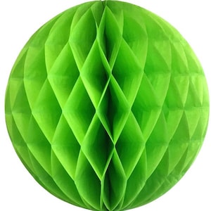 May include: A bright green paper honeycomb ball decoration. The spherical ornament is made of folded paper, creating a geometric diamond pattern. This festive decoration is suitable for parties and events.