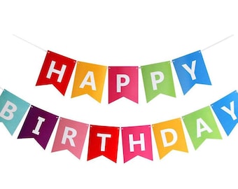 May include: A colorful "Happy Birthday" banner with red, yellow, pink, green, and blue pennants. Each pennant displays a white letter, spelling out the words. The banner is strung on a white string, perfect for birthday celebrations.