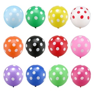 May include: A collection of twelve colorful balloons, each with a polka dot pattern. The balloons are in various colors, including blue, green, yellow, white, orange, black, red, pink, purple, and blue-green. Each balloon has white polka dots.