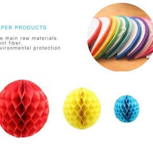 May include: The image showcases paper products, including colorful honeycomb balls in red, yellow, and blue. A circular display of colorful paper fans is also visible. The text reads "PAPER PRODUCTS" and mentions plant fiber and environmental protection.