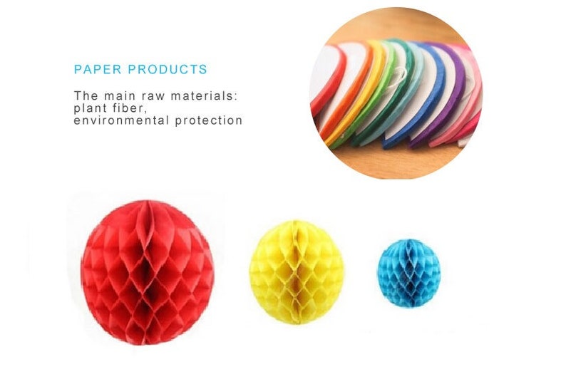 May include: The image showcases paper products, including colorful honeycomb balls in red, yellow, and blue. A circular display of colorful paper fans is also visible. The text reads "PAPER PRODUCTS" and mentions plant fiber and environmental protection.