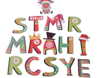 May include: Colorful Christmas-themed decorative letters spelling "MERRY CHRISTMAS" with a reindeer figure. The letters are red, green, and white with festive patterns and holiday accents like Santa hats and stars. Perfect for seasonal decor.