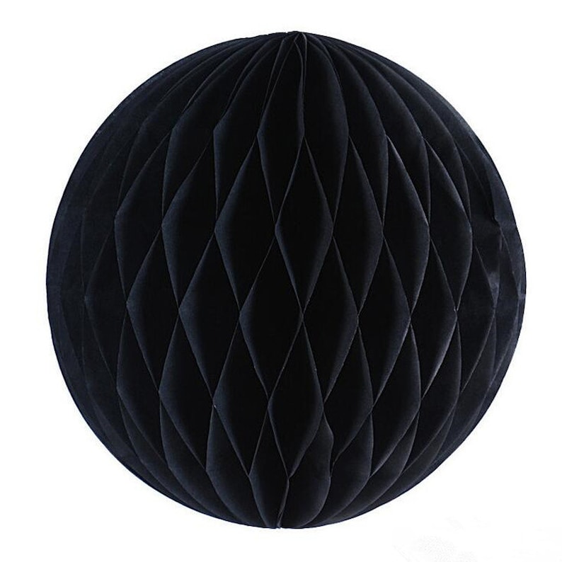 May include: A large, spherical black paper honeycomb decoration. The ball is made of folded paper, creating a diamond pattern across its surface. This decorative item is suitable for parties and events.