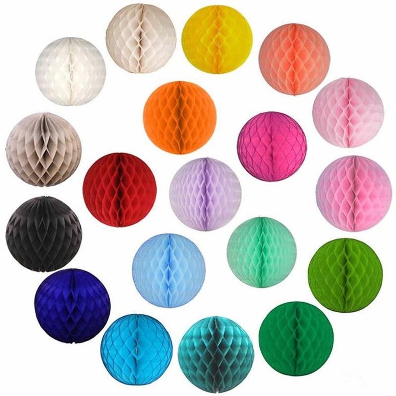 May include: A collection of colorful, spherical paper lanterns in various hues, including white, yellow, orange, pink, red, purple, black, blue, green, and teal. These decorative honeycomb balls are ideal for party decorations and events.