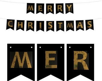 May include: Black banner with gold lettering spelling "MERRY CHRISTMAS". The banner is strung on a white string. The words are printed on black pennant flags. The phrase "STRING INCLUDED" is printed at the bottom.