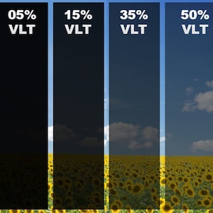 May include: Four vertical panels showing different levels of window tint darkness. Each panel has a percentage and "VLT" text. The background shows a blue sky with clouds and a field of sunflowers.