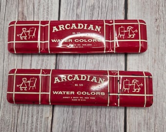 Binney & Smith Arcadian Water Colors No 525 Red Tin Vintage Art Set Made in USA