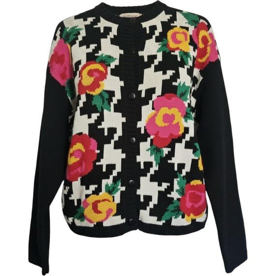 Izod, Vintage IZOD Floral Houndstooth Cardigan Sweater M 90s Grannycore Ramie Cotton