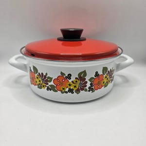May include: A white enamel cooking pot with two side handles and a bright red lid featuring a black knob. The exterior of the pot is decorated with a horizontal band of colorful floral patterns in shades of orange, yellow, brown, and green.