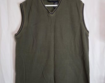 Faded Glory Sweater Vest Mens Large Green Ribbed V-Neck Preppy Retro Cotton Knit