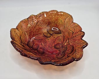 Vintage Amber Pressed Glass Blackberry Leaf Dish Fall Harvest Cottagecore Decor