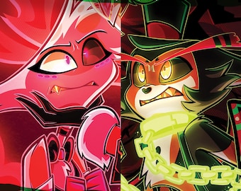 May include: An 8.5 x 11 inch art print featuring a split-screen illustration. The left side shows a pink-furred character with sharp teeth and large eyes. The right side depicts a dark-furred character wearing a top hat and glowing green chains.