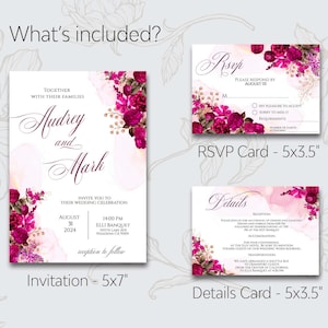 Magenta Floral WEDDING INVITATION SET Download, Fuchsia wedding invitation suite, Editable & Printable Set, Wedding Invitation bundle