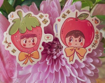 Cute Couple Sticker Set, Cottagecore Glossy Sticker -Cute Strawberry Sticker- Laptop Water Bottle Kindle Kawaii art, Cute Apple Sticker