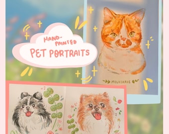 May include: Hand-painted pet portraits of a cat named "Milkshake" and two dogs named "Poe" and "Nala". The portraits are done in a watercolor style with a soft, whimsical feel. The artwork is framed with a pink and yellow border.