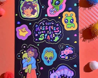 Hoja de pegatinas kawaii para amantes de los extraterrestres, extraterrestres adorables, pegatinas espaciales kawaii, pegatinas de astrología, hoja de pegatinas adorables, pegatinas de vinilo para botellas de agua