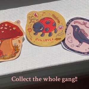 May include: Three illustrated stickers featuring a red and black ladybug, a red and white mushroom, and a black bird with a pink background. The ladybug sticker has the text "Bug Lover" on it. The stickers are part of a set and have a whimsical, cartoon style.