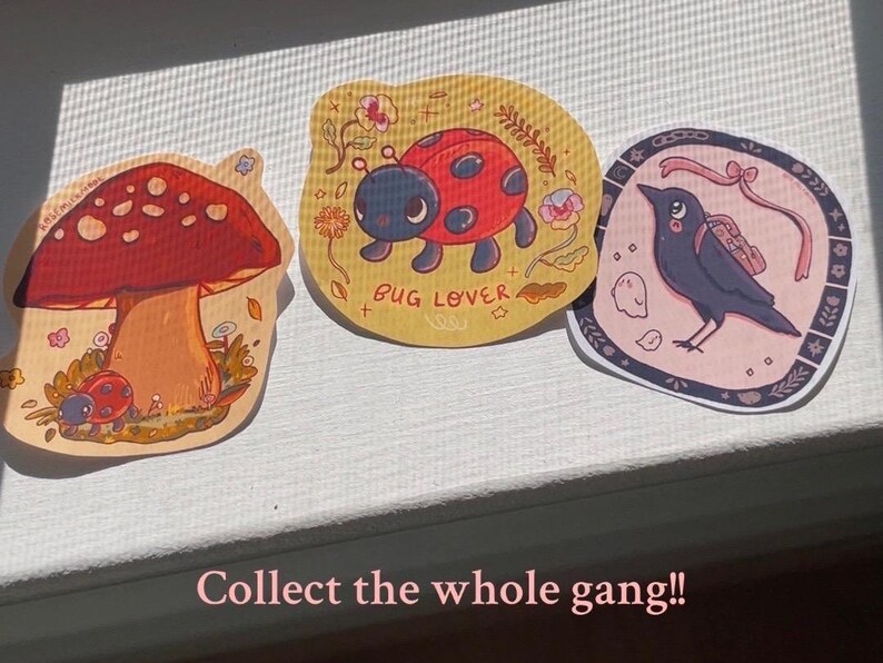 May include: Three illustrated stickers featuring a red and black ladybug, a red and white mushroom, and a black bird with a pink background. The ladybug sticker has the text "Bug Lover" on it. The stickers are part of a set and have a whimsical, cartoon style.