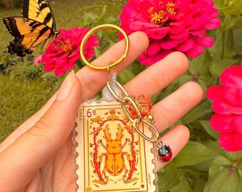 Beetle Stamp Keychain, Stag Hercules Beetle Acrylic Charm Keychain Nature Cute Bug, Stag Beetle Gift, Cozy Nature Inspired Bag Accessory