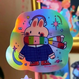 Niedlicher Holographischer wasserdichter Häschen-Aufkleber, Cottagecore Aufkleber -niedlicher Häschenaufkleber- Laptop Wasserflasche Hydroflask Kawaii Tierkunst, Kaninchen