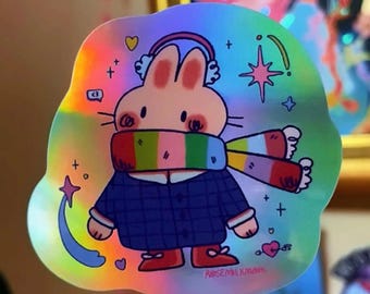Cute Holographic Waterproof Bunny Sticker, Cottagecore Sticker -cute bunny sticker- Laptop Water Bottle Hydroflask Kawaii Animal art, Rabbit