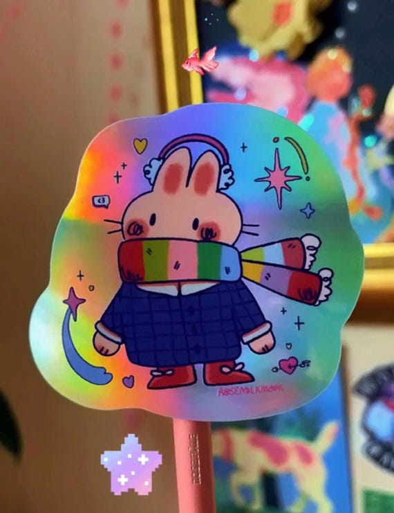 Cute Holographic Waterproof Bunny Sticker, Cottagecore Sticker -cute bunny sticker- Laptop Water Bottle Hydroflask Kawaii Animal art, Rabbit