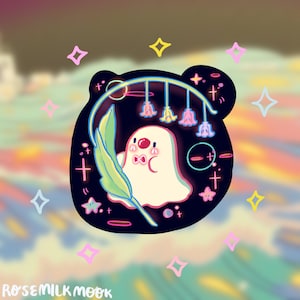 May include: A whimsical illustration of a ghost-like figure with a bow tie, holding a green feather, inside a dark bear-shaped frame. The frame has a neon blue outline with hanging flower-shaped decorations. Pastel stars and the text "rosemilkmoo" surround the image.