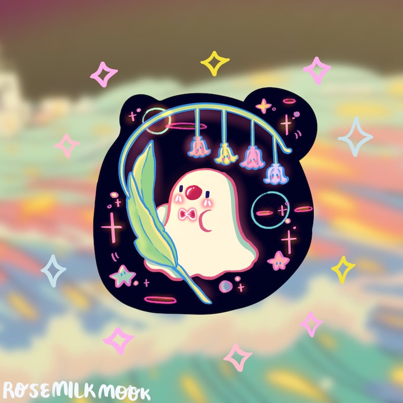 May include: A whimsical illustration of a ghost-like figure with a bow tie, holding a green feather, inside a dark bear-shaped frame. The frame has a neon blue outline with hanging flower-shaped decorations. Pastel stars and the text "rosemilkmoo" surround the image.