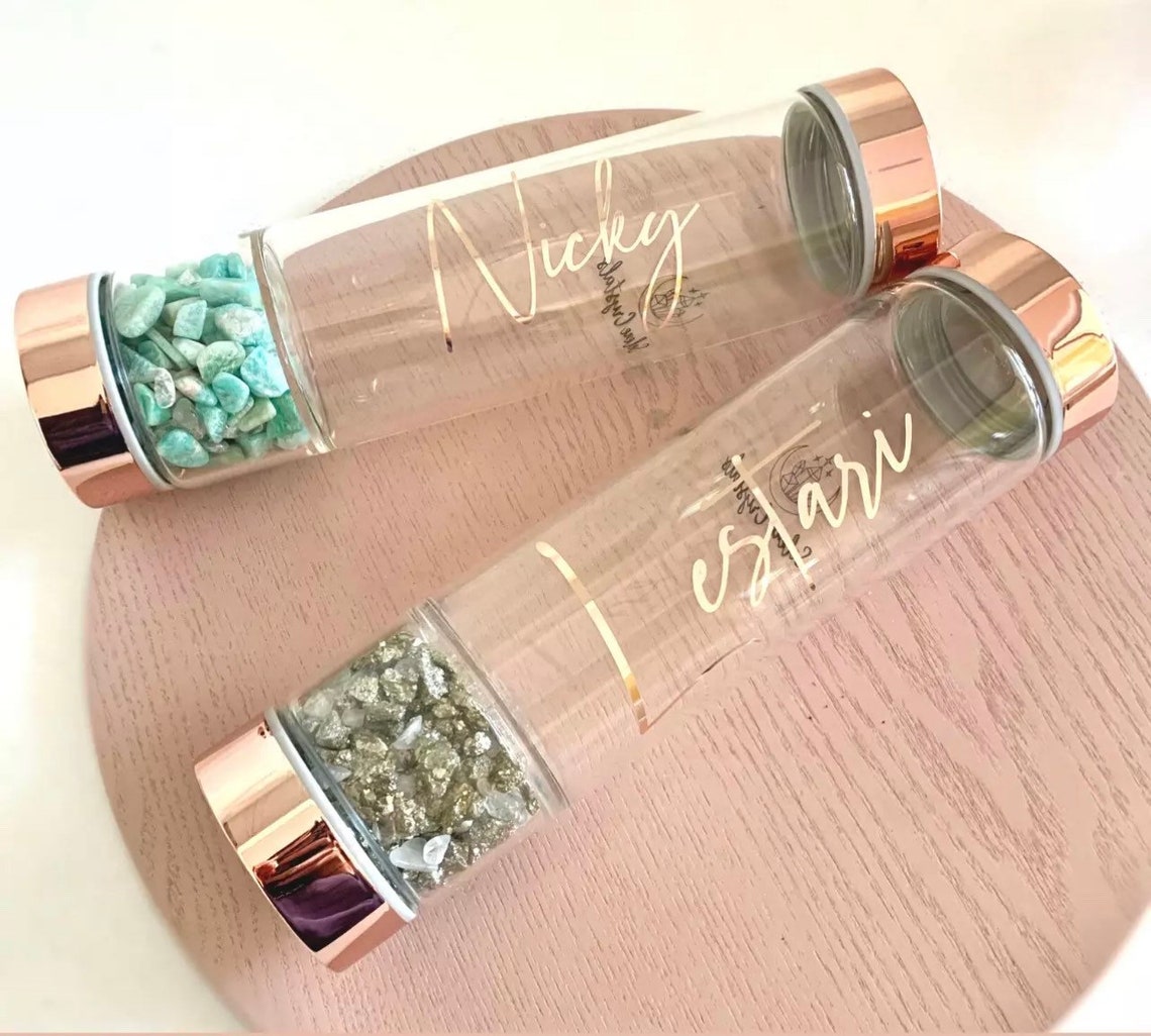 Crystal Water Bottle with Tumbled Gemstones 500 ML Rose Gold Etsy