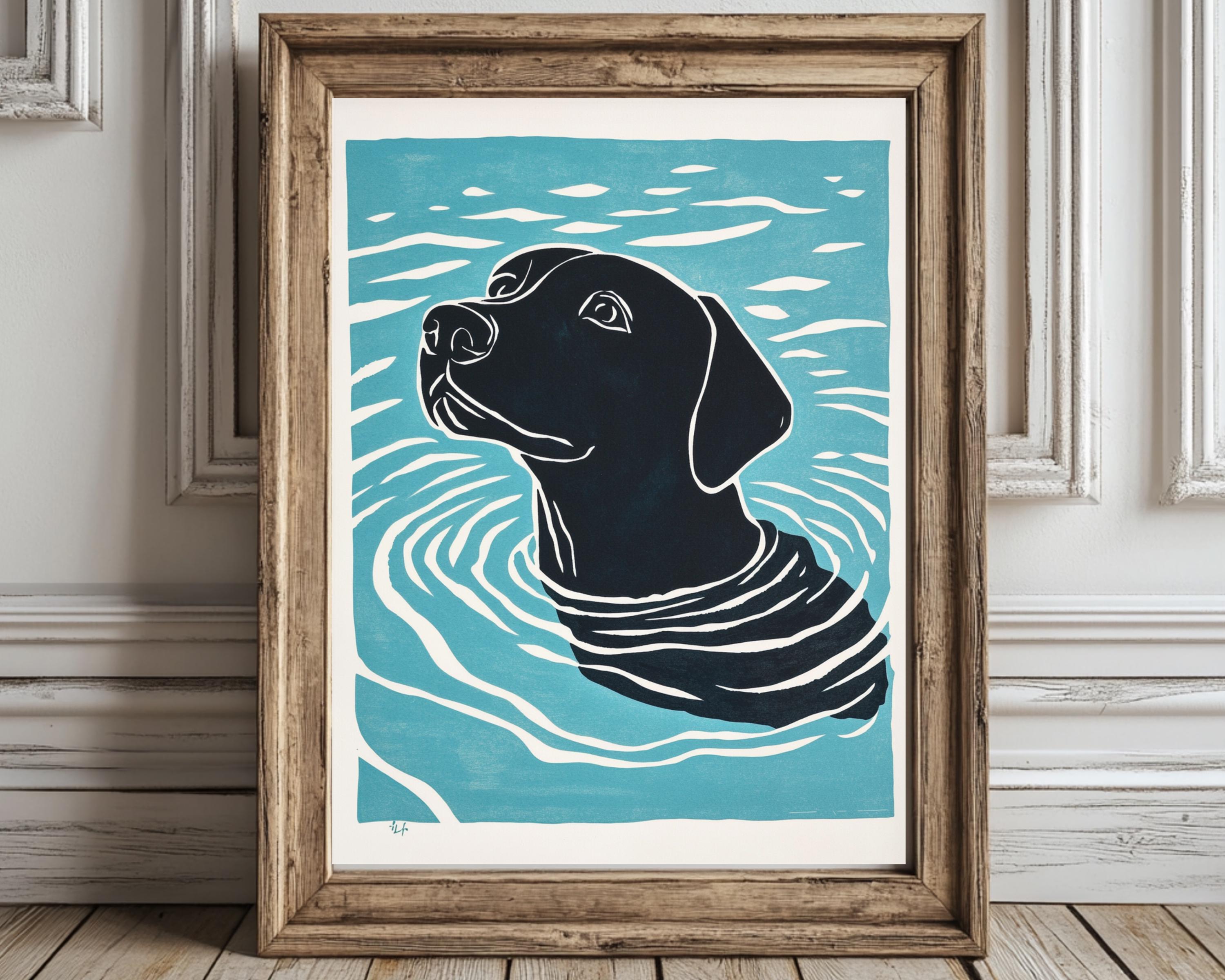 Black Lab Swimming Print: Linocut Style Dog Art (digital Download - Etsy