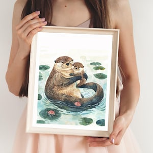 Otter Family Wall Art | Mom and Baby Otter Love Printable | Nursery Animal Download | Woodland Watercolor Print | Baby Room Decor