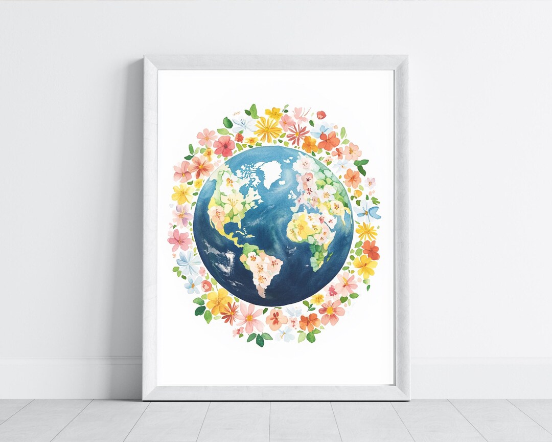 Floral Watercolor World Map Print: Kids Nursery Earth Poster (digital ...
