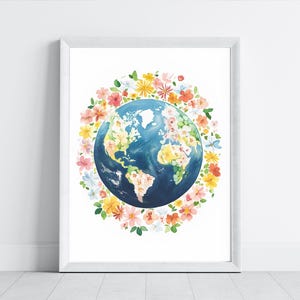 Impresión de mapa del mundo con acuarela floral / Arte mural infantil con mapa del mundo / Póster de la Tierra para guardería / Descarga digital / Decoración inspirada en la naturaleza para guardería bohemia