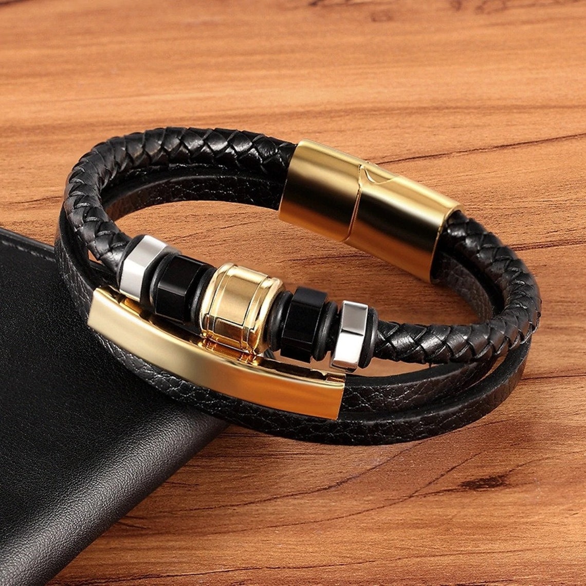 Men's Bracelet Mens Leather Bracelet Multilayer Hip Etsy