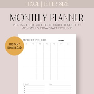 Monthly Planner Printable Page | Fillable Monthly Schedule PDF | Editable Letter Size | Undated Monthly Planner | Monthly Calendar Printable