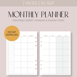 2024 A5 Undated Monthly Planner Printable | Month on Two Pages | Month At a Glance | Simple Monthly Calendar Inserts | Monday, Sunday Start