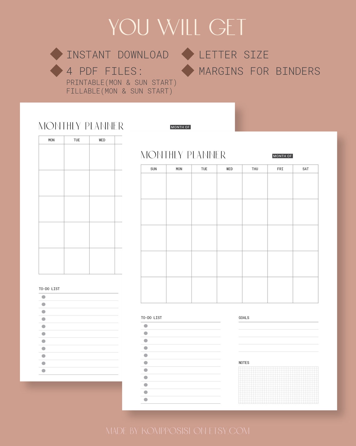 Monthly Planner Printable Page Fillable Monthly Schedule PDF | Etsy