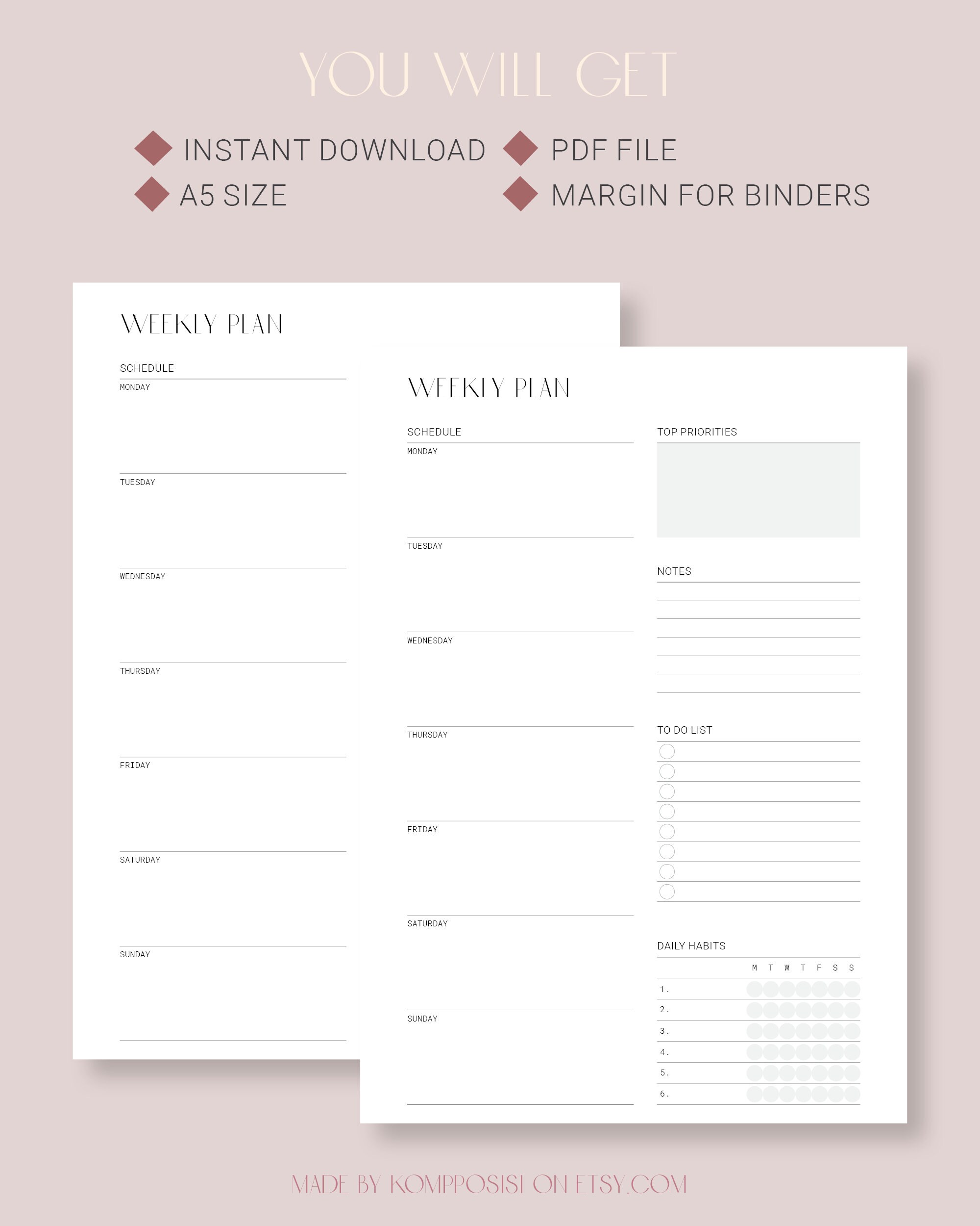 A5 Undated Weekly Planner Printable | Simple Weekly Planner Inserts ...