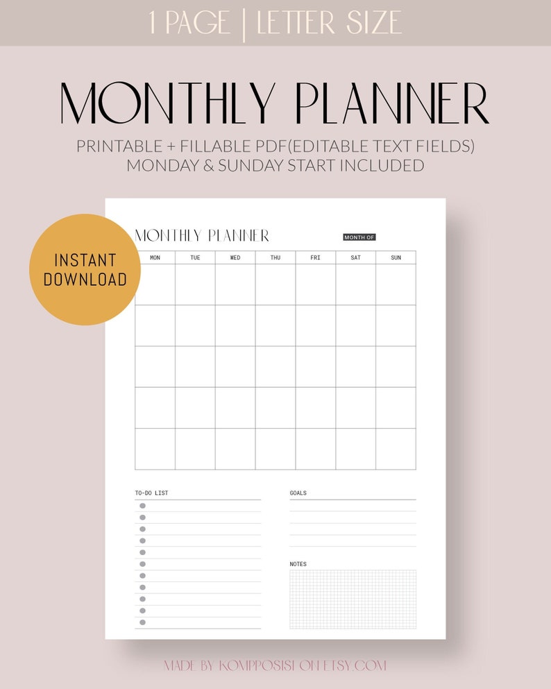 Monthly Planner Printable Page Fillable Monthly Schedule PDF Editable ...
