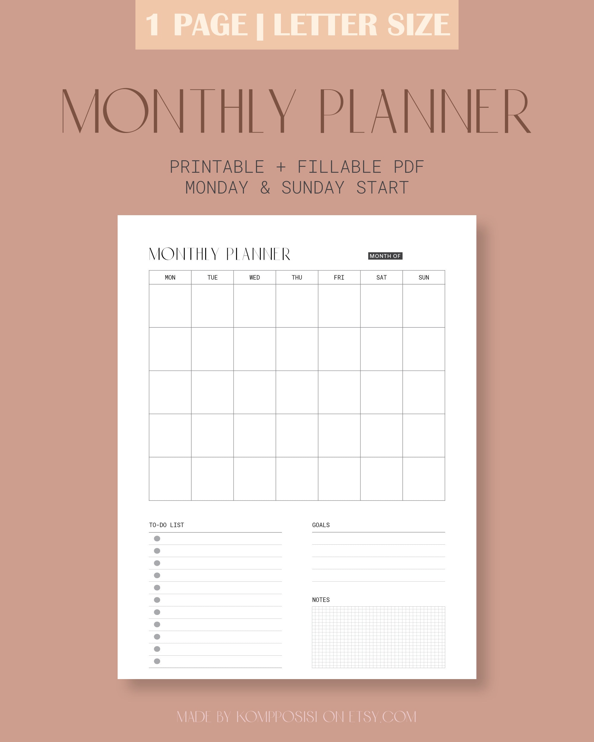 Monthly Planner Printable Page Fillable Monthly Schedule Pdf Etsy