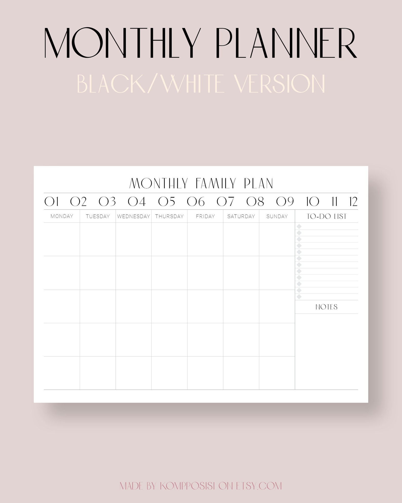 A3 Desk Monthly Family Planner Printable Wall Calendar Etsy