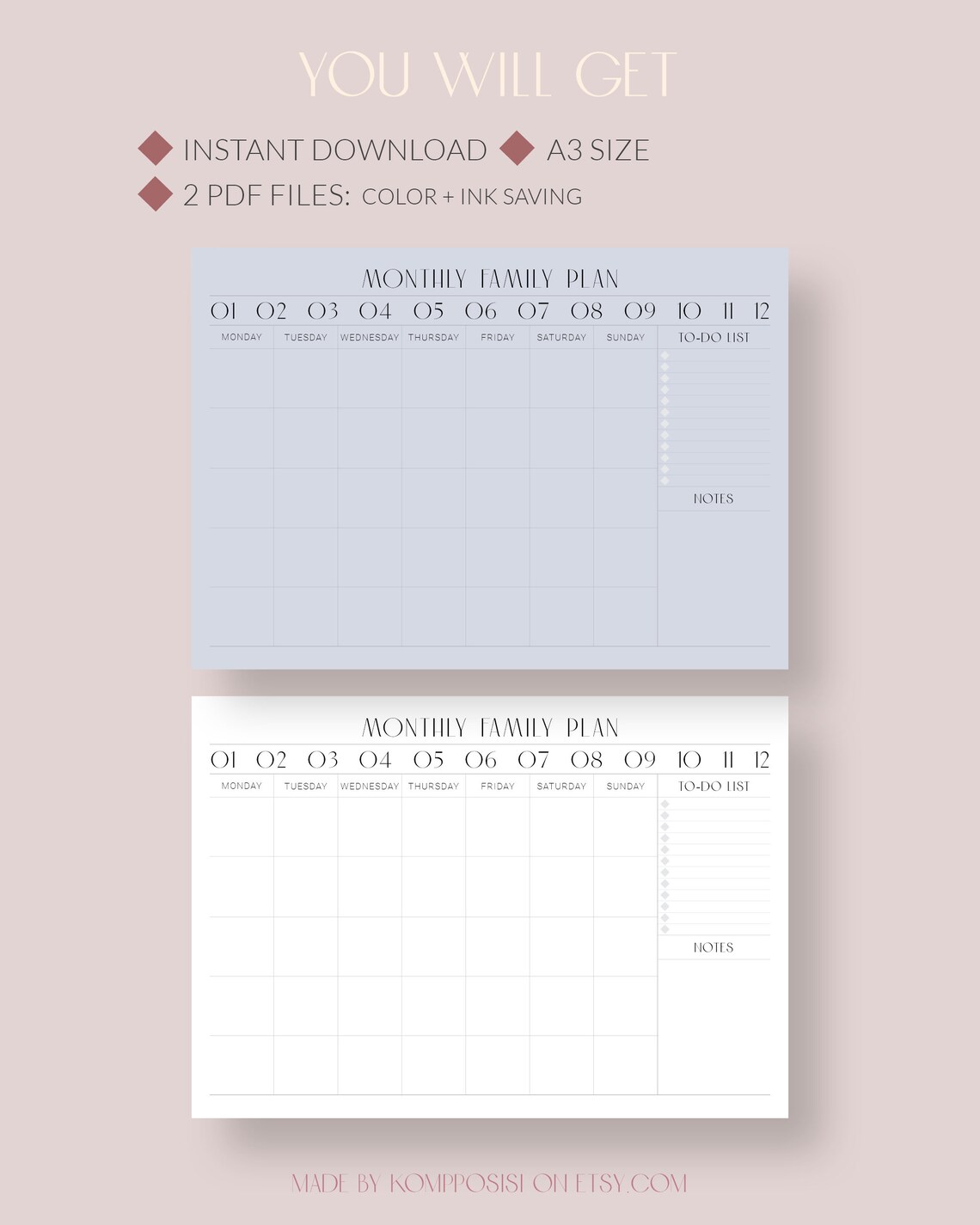 A3 Desk Monthly Family Planner Printable Wall Calendar - Etsy