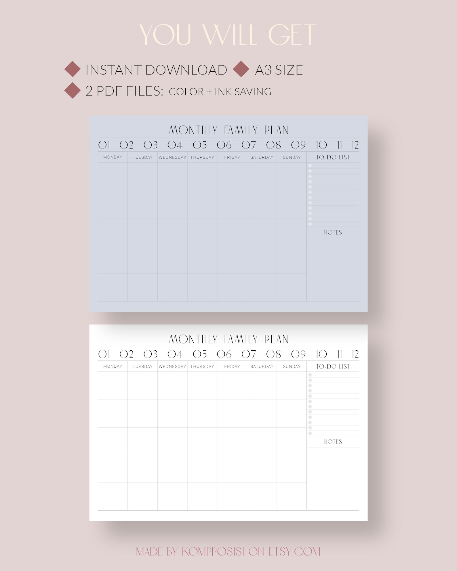 A3 Desk Monthly Family Planner Printable Wall Calendar - Etsy