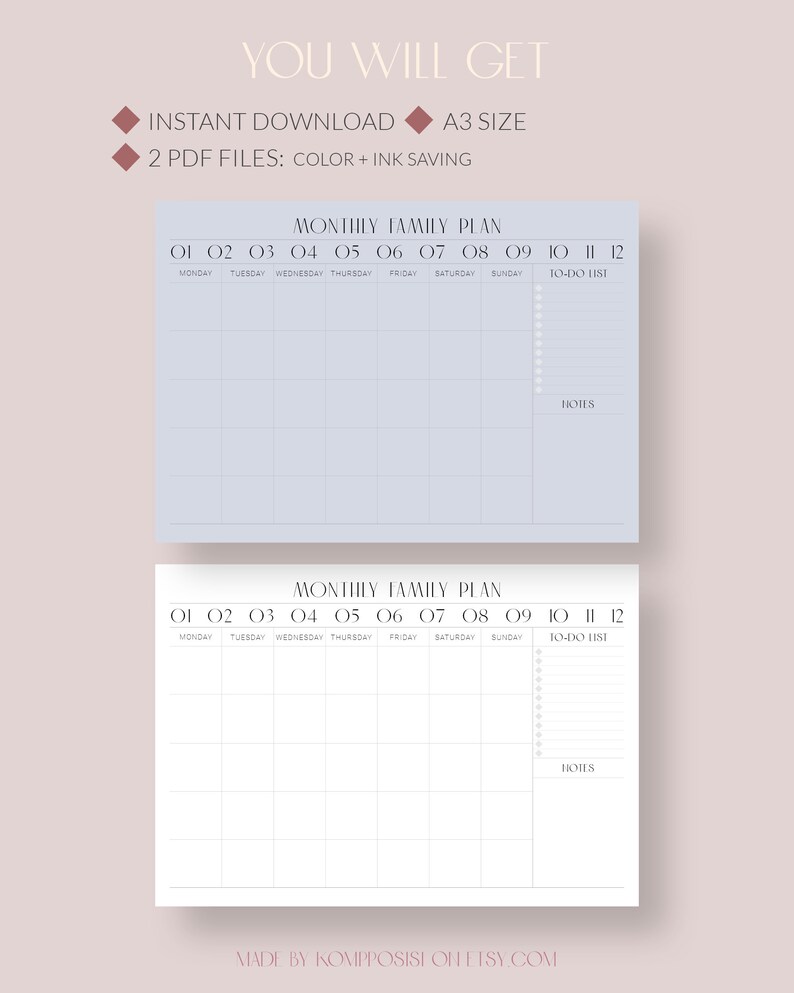 A3 Desk Monthly Family Planner Printable Wall Calendar Etsy