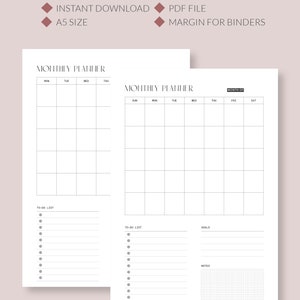Monthly Planner Printable Page Undated Monthly Planner A5 Insert Simple ...